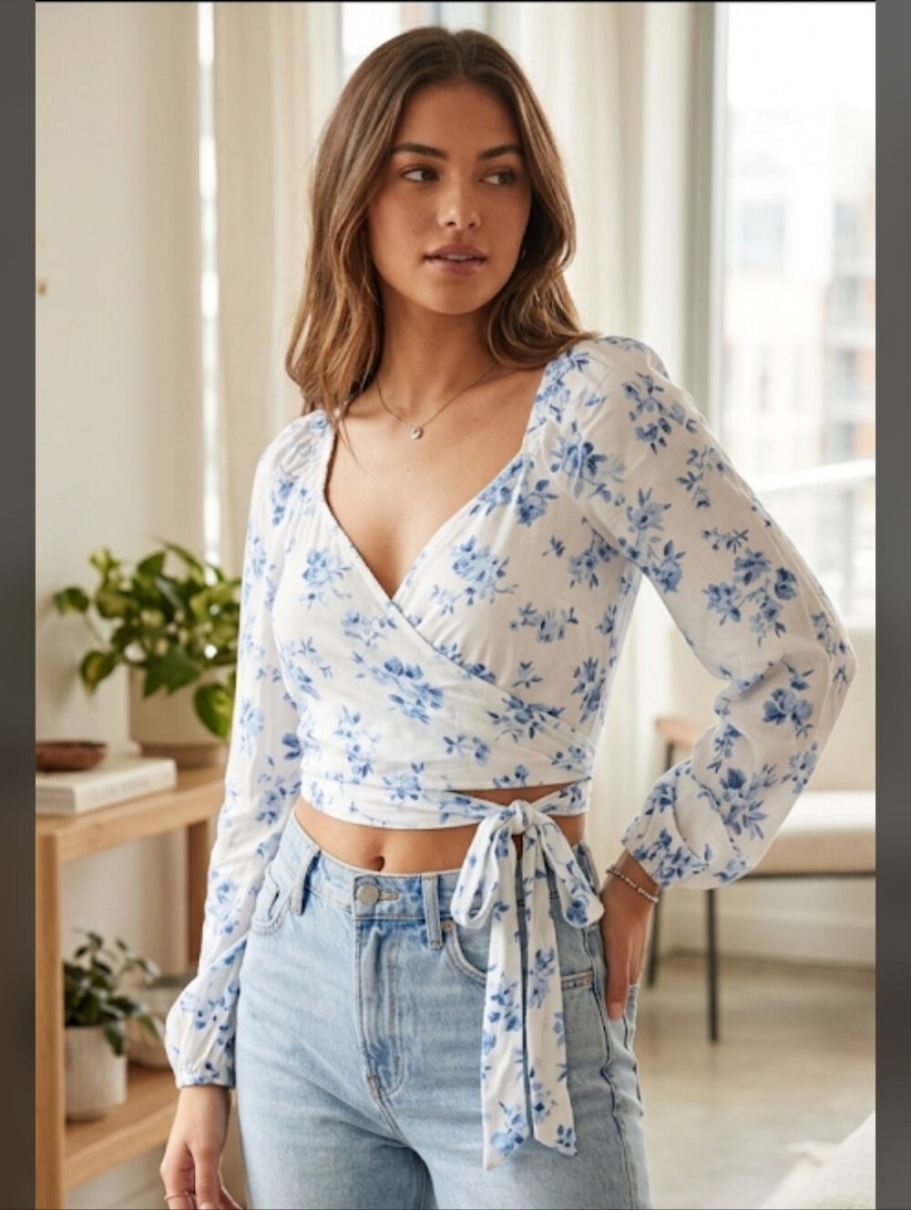Hollister White Cropped Wrap Blouse with Blue Floral Print